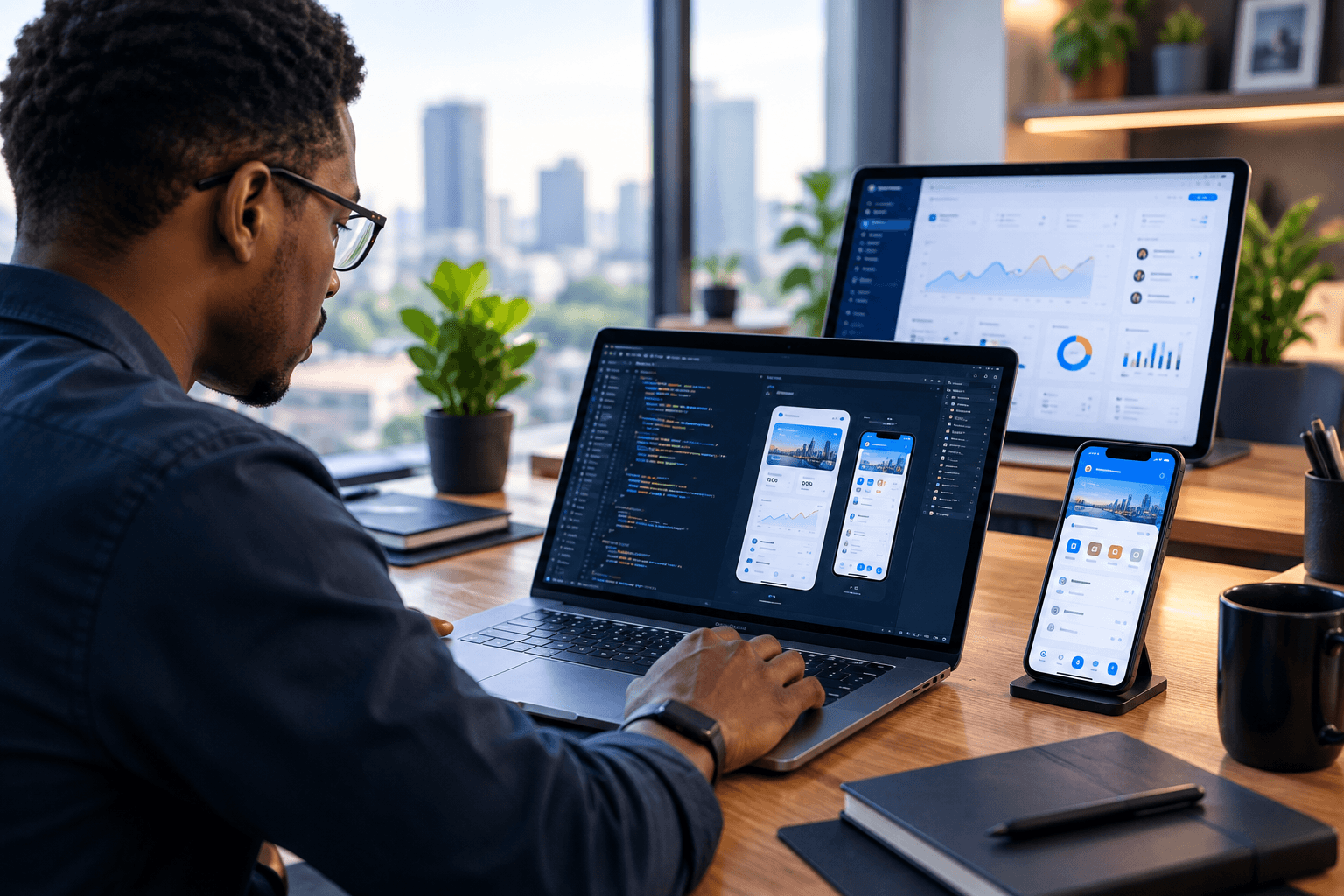 Développeur stechno-ia travaillant sur une application mobile et un tableau de bord web multi-écrans