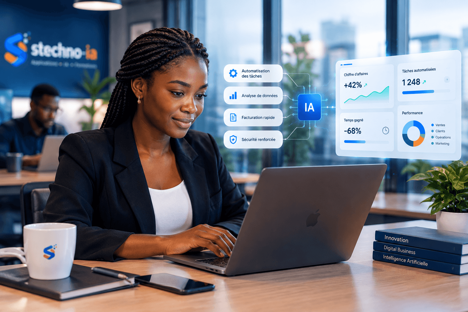 Professionnelle utilisant une plateforme d'intelligence artificielle stechno-ia avec tableaux de bord d'automatisation et de performance