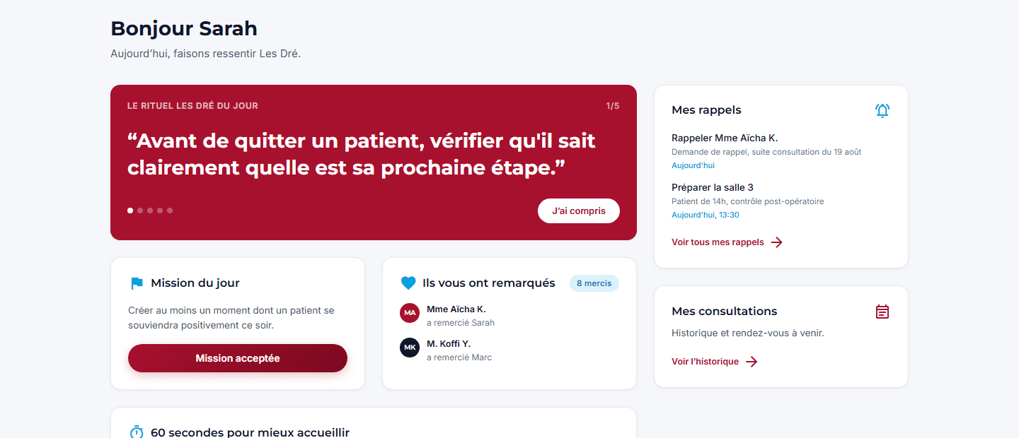 Tableau de bord Clinic Experience avec message de bienvenue, rituel du jour, rappels et missions de l'équipe soignante