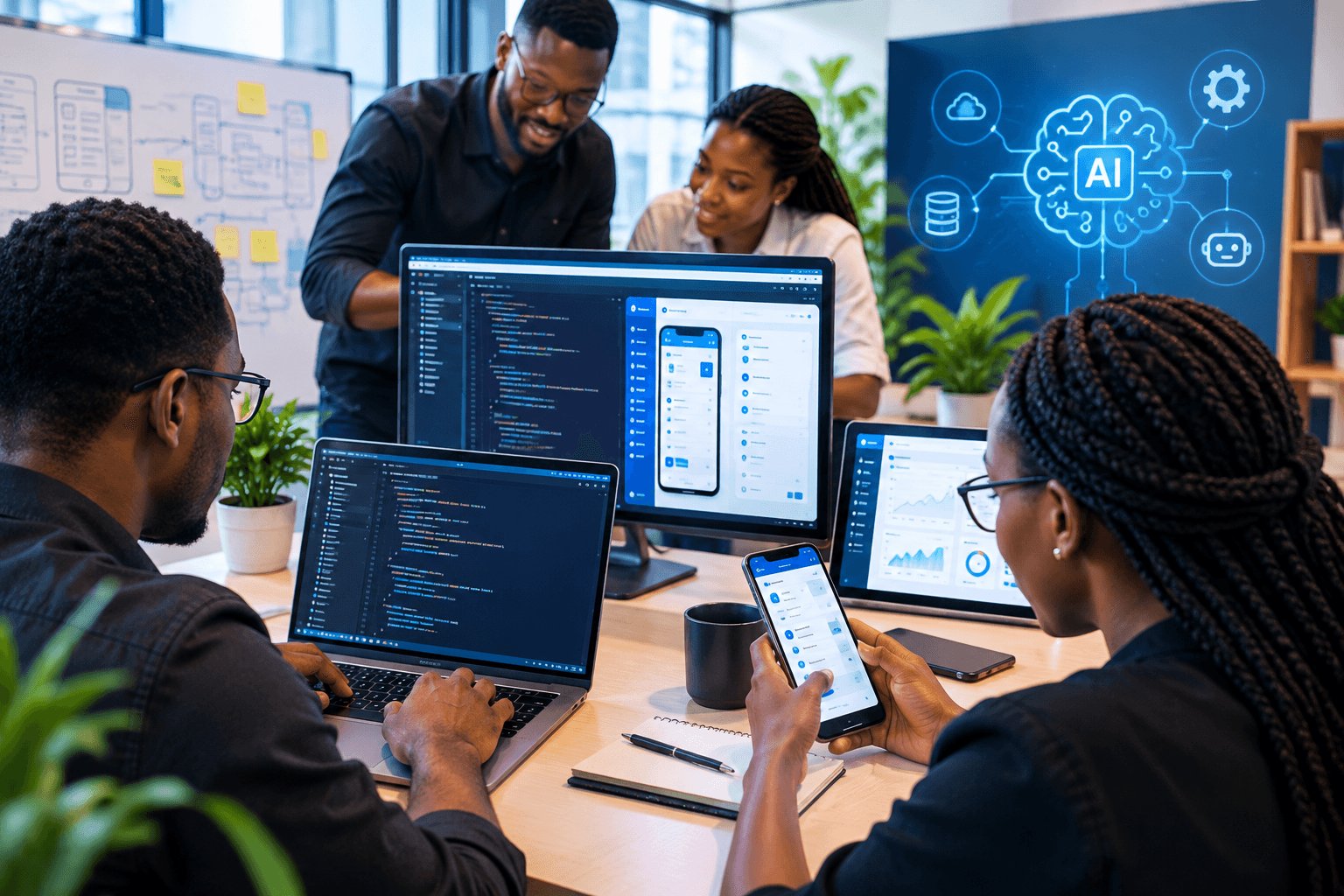 Équipe d'ingénieurs stechno-ia collaborant sur des interfaces web, mobiles et des tableaux de bord IA